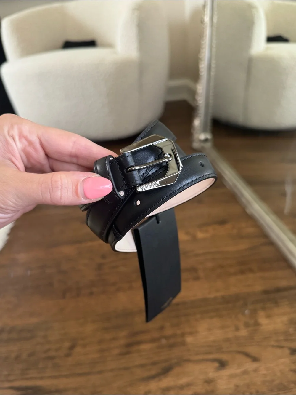 Versace Black Leather Belt with Shiny Silver Buckle